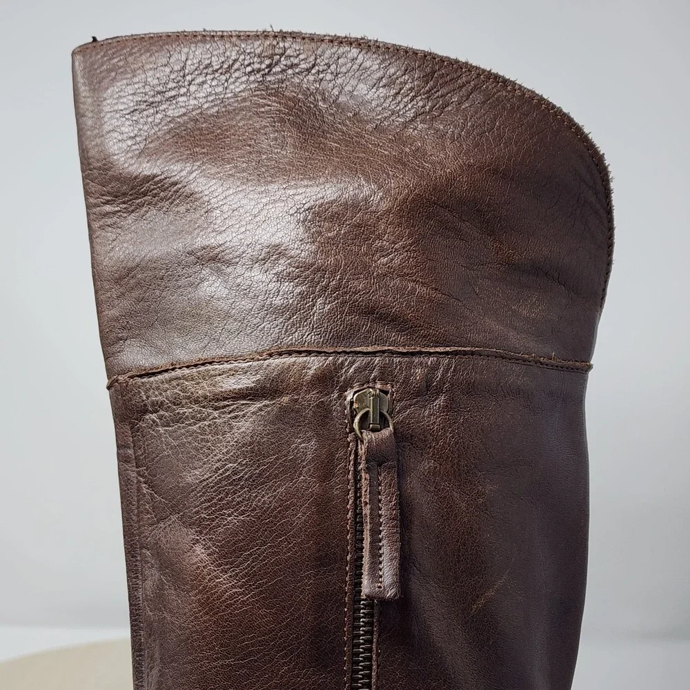 Womens Leather Riding Boots 41 Brown Knee High Side Zip Block Heel Made Portugal